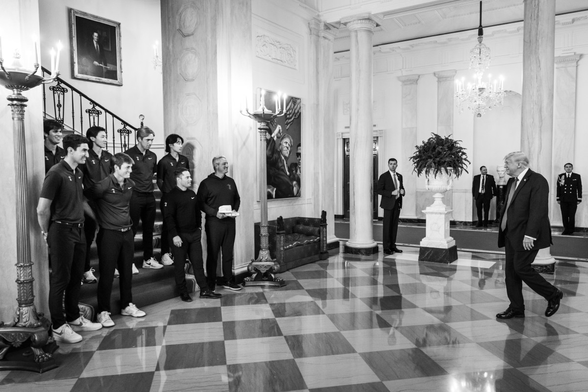 President Donald J. Trump poses with the Oklahoma State Men’s Golf team in the Grand Foyer at the residence staircase for NCAA Collegiate National Champions Day at the White House, Tuesday, April 21, 2026. (Official White House Photo by Abe McNatt)