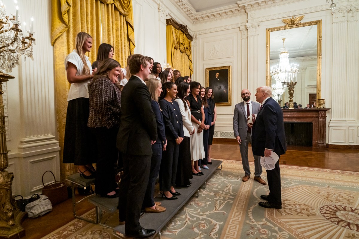 President Donald J. Trump poses with the Texas A&M Women’s Volleyball team in the East Room for NCAA Collegiate National Champions Day at the White House, Tuesday, April 21, 2026. (Official White House Photo by Abe McNatt)
