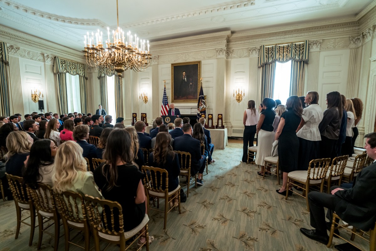President Donald J. Trump delivers remarks in the State Dining Room for NCAA Collegiate National Champions Day at the White House, Tuesday, April 21, 2026. (Official White House Photo by Abe McNatt)