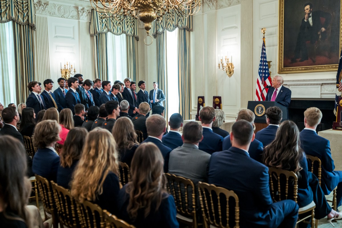 President Donald J. Trump delivers remarks in the State Dining Room for NCAA Collegiate National Champions Day at the White House, Tuesday, April 21, 2026. (Official White House Photo by Abe McNatt)