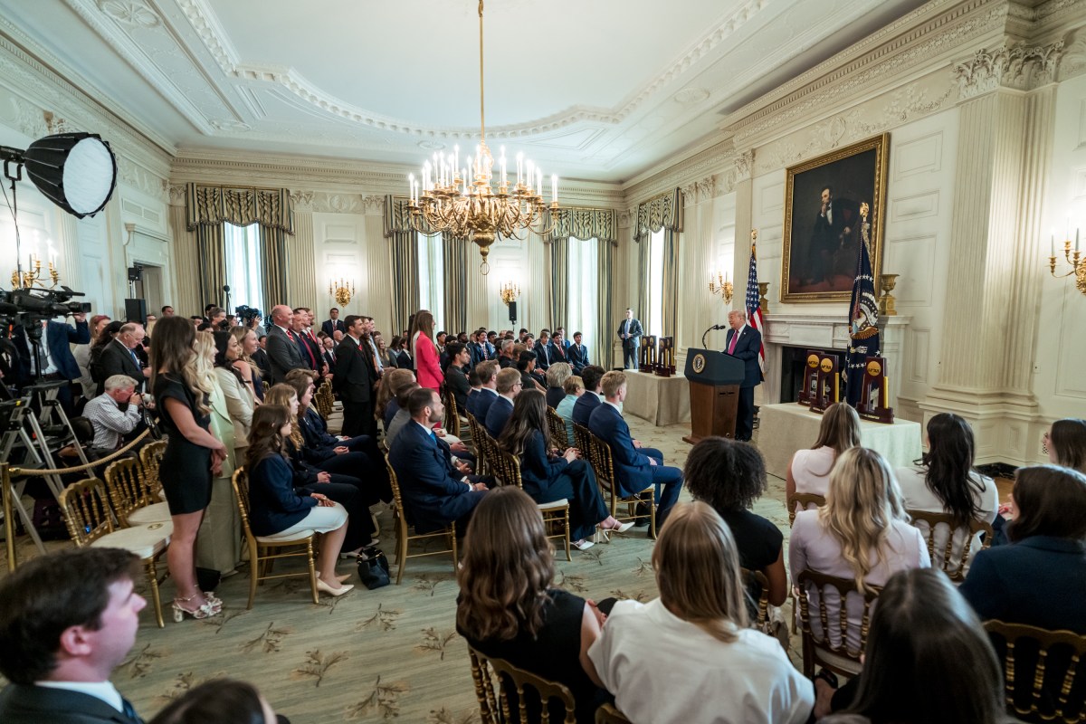 President Donald J. Trump delivers remarks in the State Dining Room for NCAA Collegiate National Champions Day at the White House, Tuesday, April 21, 2026. (Official White House Photo by Abe McNatt)