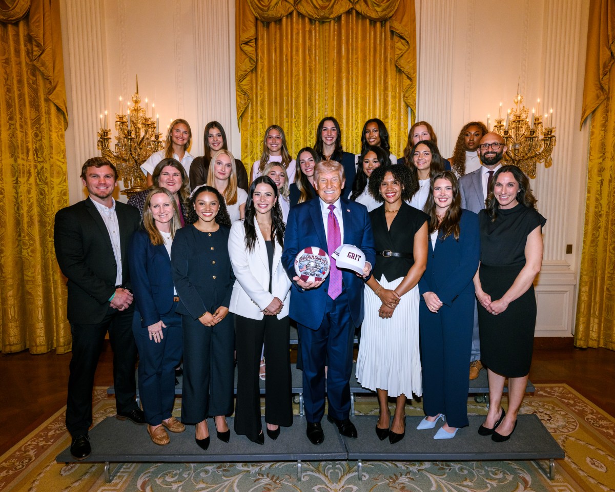 President Donald J. Trump poses with the Texas A&M Women’s Volleyball team in the East Room for NCAA Collegiate National Champions Day at the White House, Tuesday, April 21, 2026. (Official White House Photo by Daniel Torok)