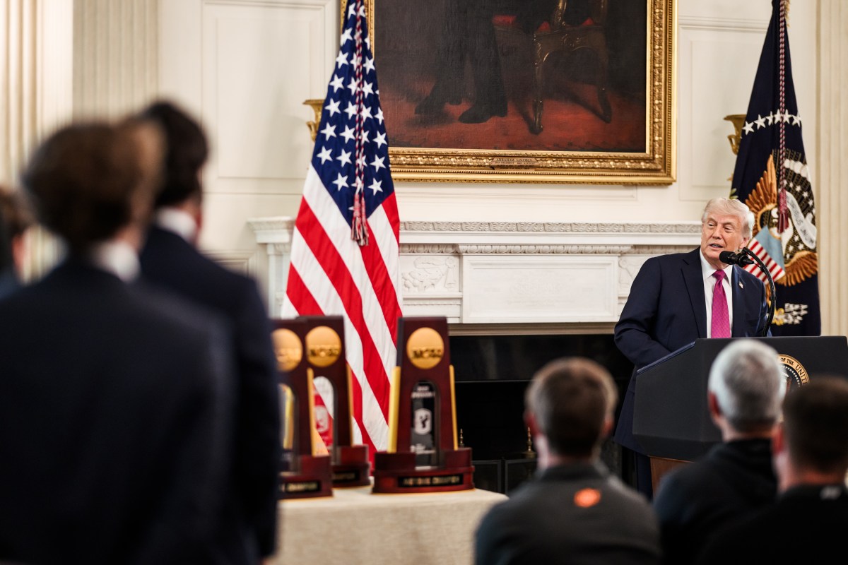 President Donald J. Trump delivers remarks in the State Dining Room for NCAA Collegiate National Champions Day at the White House, Tuesday, April 21, 2026. (Official White House Photo by Daniel Torok)