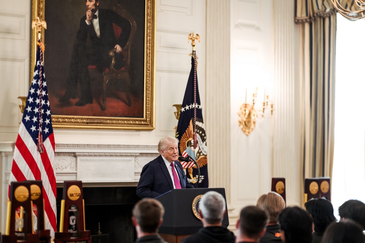 President Donald J. Trump delivers remarks in the State Dining Room for NCAA Collegiate National Champions Day at the White House, Tuesday, April 21, 2026. (Official White House Photo by Daniel Torok)