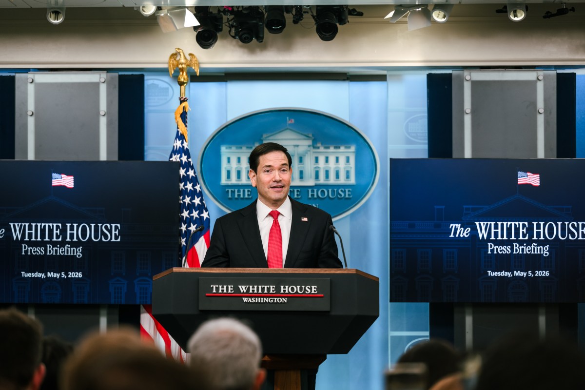 Secretary of State Marco Rubio delivers remarks to members of the media in the James S. Brady Press Briefing Room, Tuesday, May 5, 2026. (Official White House Photo by Molly Riley)