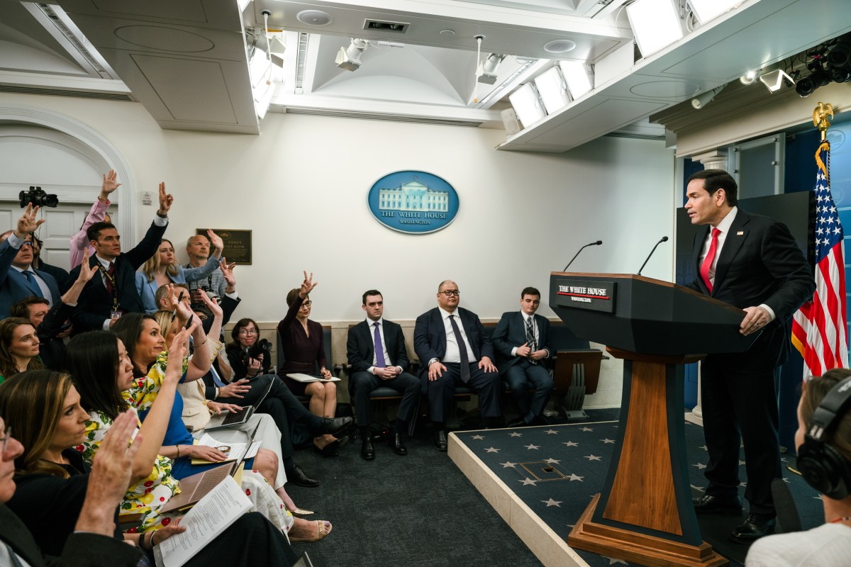 Secretary of State Marco Rubio delivers remarks to members of the media in the James S. Brady Press Briefing Room, Tuesday, May 5, 2026. (Official White House Photo by Molly Riley)