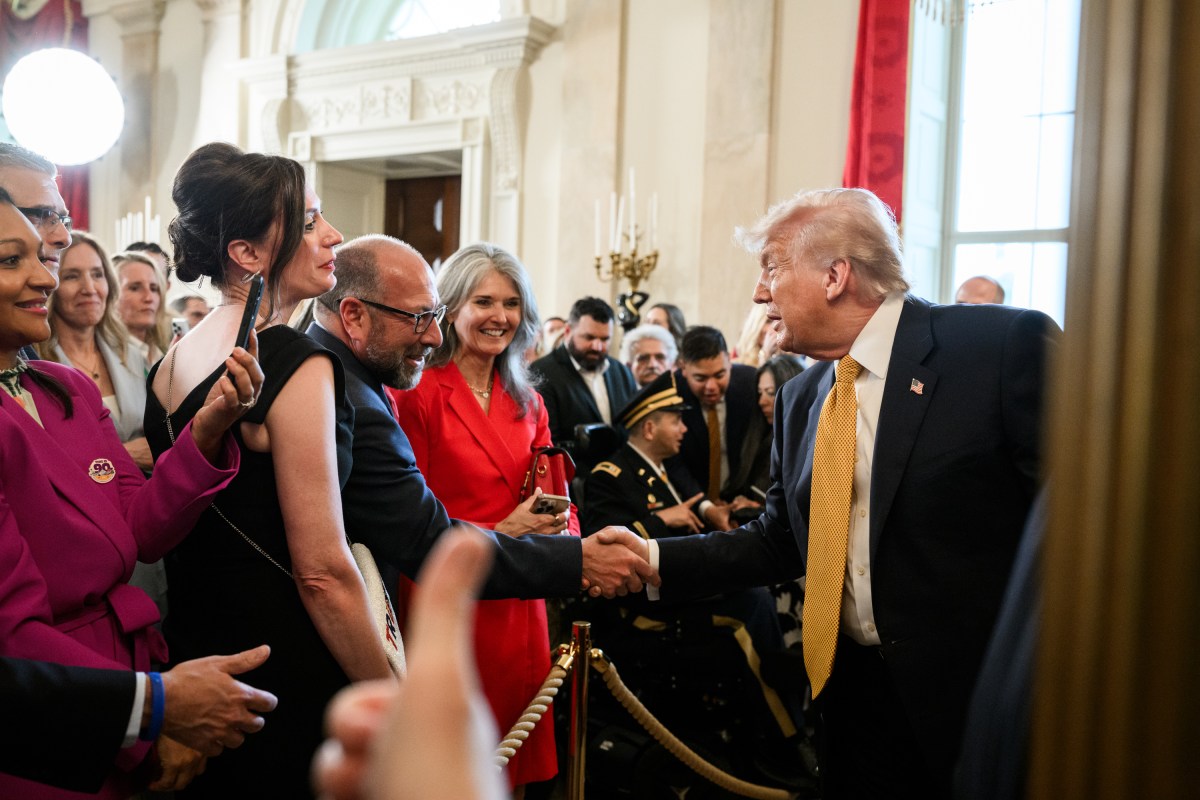 President Donald J. Trump speaks with guests after delivering remarks during a reception on the State Floor for the Trust for the National Mall, Wednesday, May 6, 2026. (Official White House Photo by Joyce N. Boghosian)