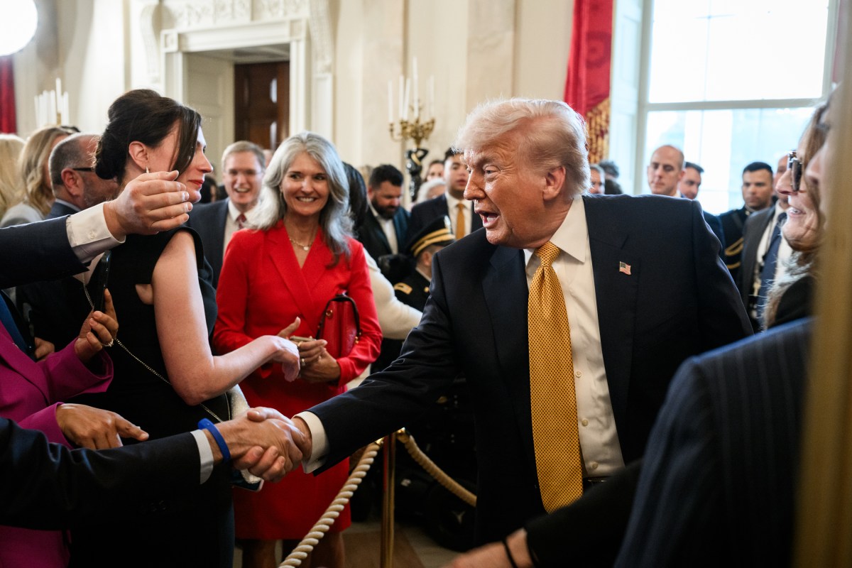 President Donald J. Trump speaks with guests after delivering remarks during a reception on the State Floor for the Trust for the National Mall, Wednesday, May 6, 2026. (Official White House Photo by Joyce N. Boghosian)