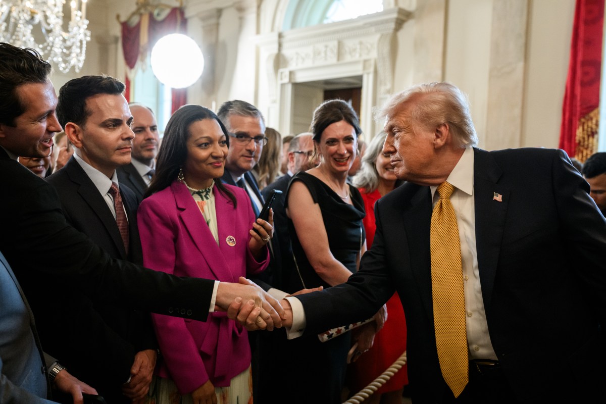 President Donald J. Trump speaks with guests after delivering remarks during a reception on the State Floor for the Trust for the National Mall, Wednesday, May 6, 2026. (Official White House Photo by Joyce N. Boghosian)