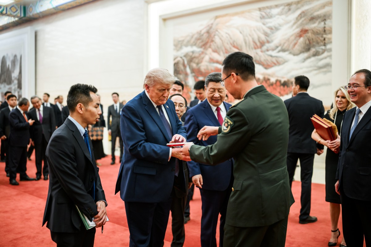President Donald J. Trump speaks with guests after attending a State Banquet with President Xi Jinping of the People’s Republic of China, Thursday, May 14, 2026, in the Great Hall of the People in Beijing, China. (Official White House Photo by Daniel Torok)