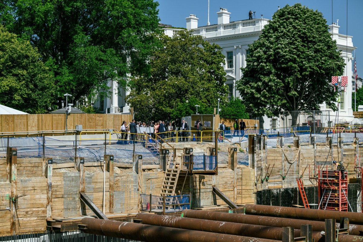 President Donald J. Trump speaks with members of the media next to the ongoing construction of the East Wing and Ballroom, Tuesday, May 19, 2026. (Official White House Photo by Joyce N. Boghosian)