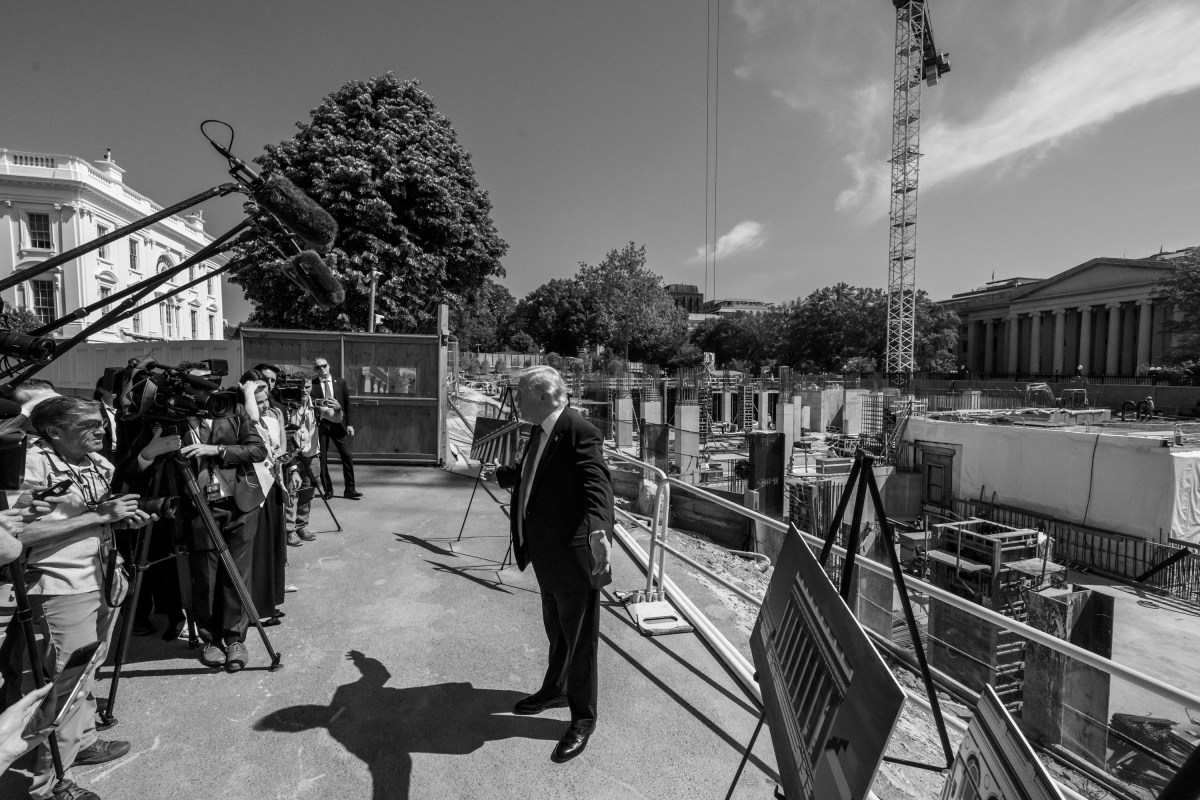 President Donald J. Trump speaks with members of the media next to the ongoing construction of the East Wing and Ballroom, Tuesday, May 19, 2026. (Official White House Photo by Joyce N. Boghosian)