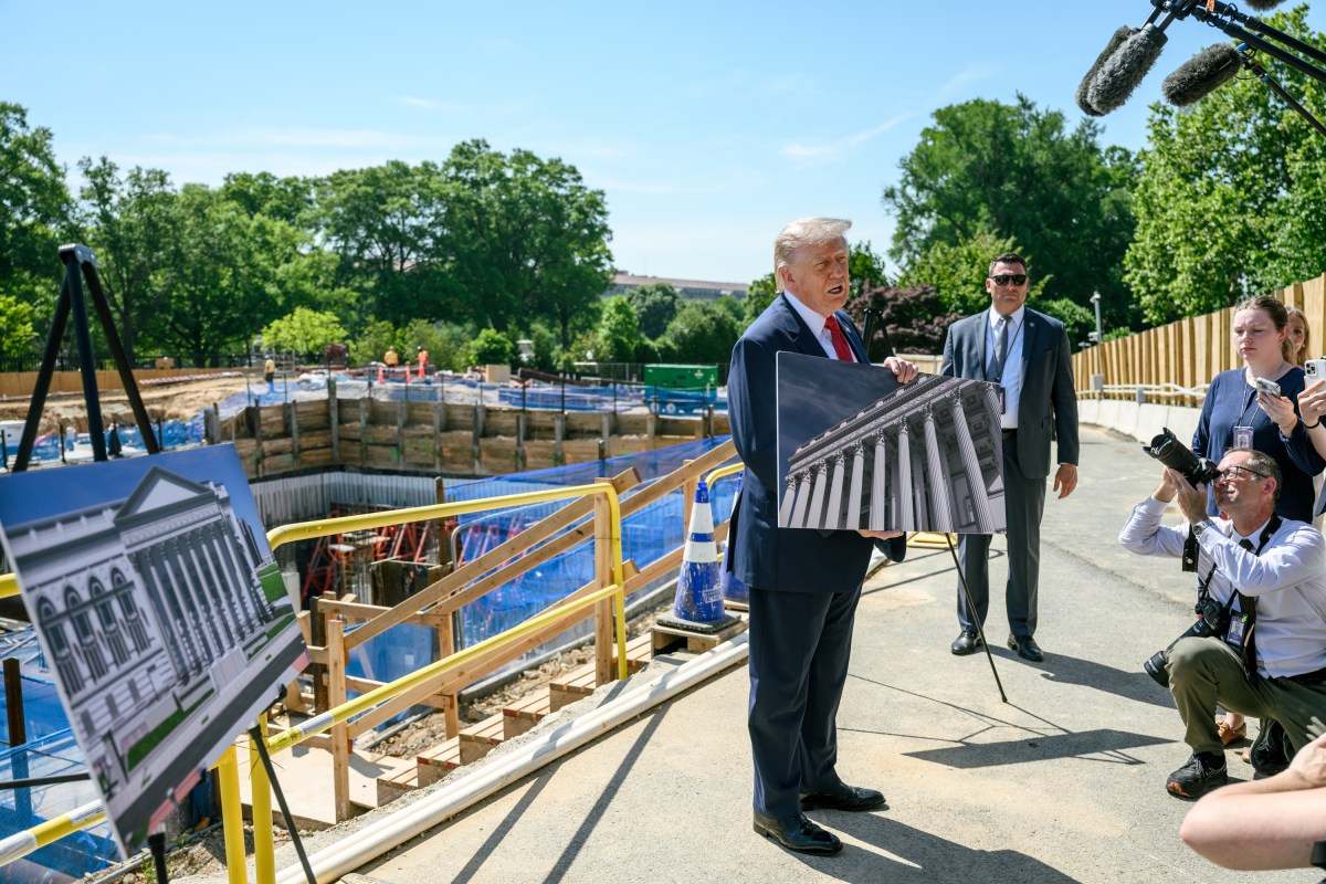 President Donald J. Trump speaks with members of the media next to the ongoing construction of the East Wing and Ballroom, Tuesday, May 19, 2026. (Official White House Photo by Joyce N. Boghosian)