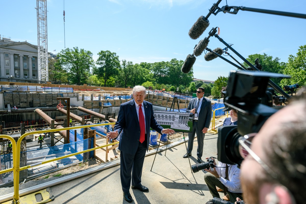 President Donald J. Trump speaks with members of the media next to the ongoing construction of the East Wing and Ballroom, Tuesday, May 19, 2026. (Official White House Photo by Joyce N. Boghosian)