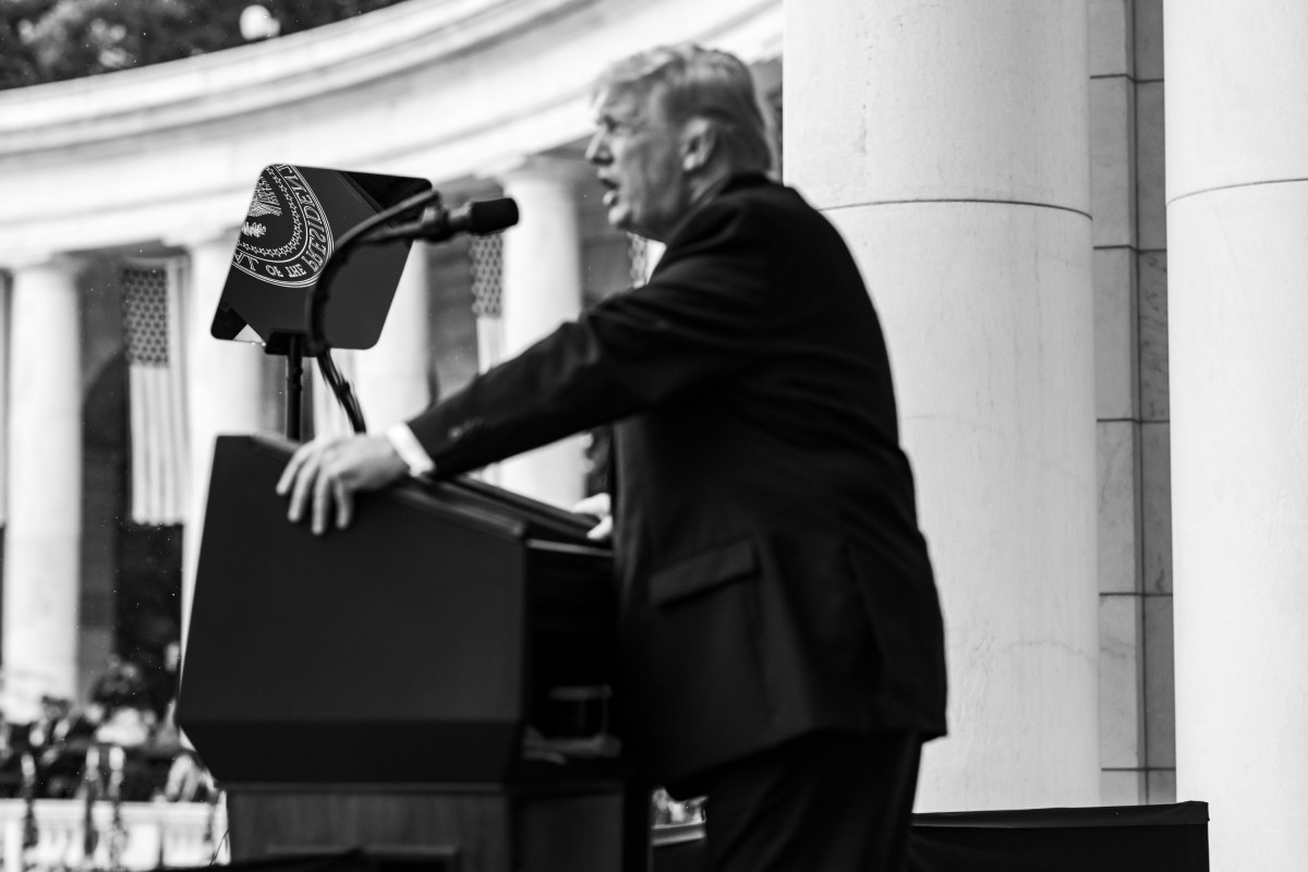 President Donald J. Trump delivers remarks during a Memorial Day ceremony at Arlington National Cemetery Amphitheater, Monday, May 25, 2026, in Arlington, Virginia. (Official White House Photo by Daniel Torok)