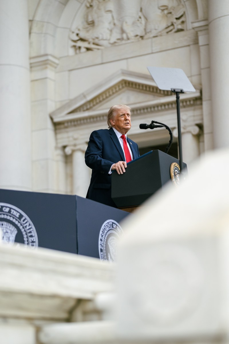President Donald J. Trump delivers remarks during a Memorial Day ceremony at Arlington National Cemetery Amphitheater, Monday, May 25, 2026, in Arlington, Virginia. (Official White House Photo by Daniel Torok)