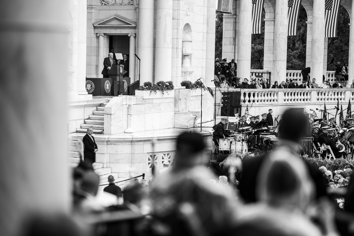 President Donald J. Trump speaks with Secretary of War Pete Hegseth after delivering remarks during a Memorial Day ceremony at Arlington National Cemetery Amphitheater, Monday, May 25, 2026, in Arlington, Virginia. (Official White House Photo by Daniel Torok)