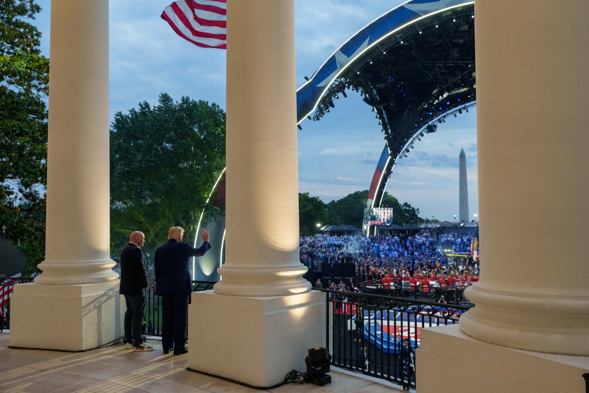 President Donald J. Trump and UFC CEO Dana White observe the National Anthem before the UFC Freedom 250, the mixed martial arts event produced by the Ultimate Fighting Championship, Sunday, June 14, 2026, in the Grand Foyer of the White House. (Official White House Photo by Abe McNatt)