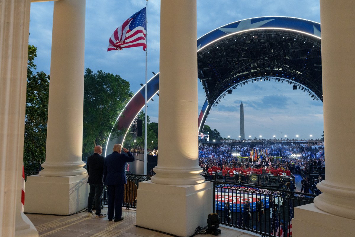 President Donald J. Trump and UFC CEO Dana White observe the National Anthem before the UFC Freedom 250, the mixed martial arts event produced by the Ultimate Fighting Championship, Sunday, June 14, 2026, in the Grand Foyer of the White House. (Official White House Photo by Abe McNatt)