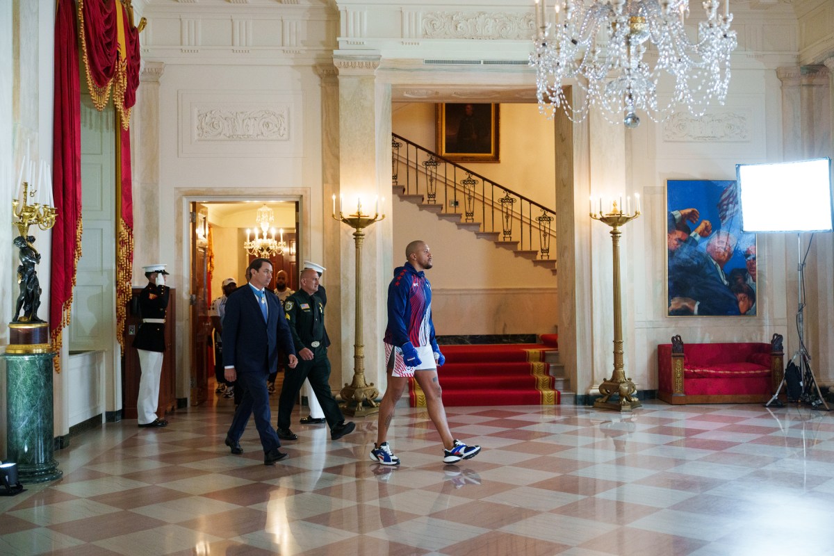 Ciryl Gane “walks out” in the Cross Hall for his bout at the UFC Freedom 250, the mixed martial arts event produced by the Ultimate Fighting Championship, Sunday, June 14, 2026, on the South Lawn of the White House. (Official White House Photo by Abe McNatt)