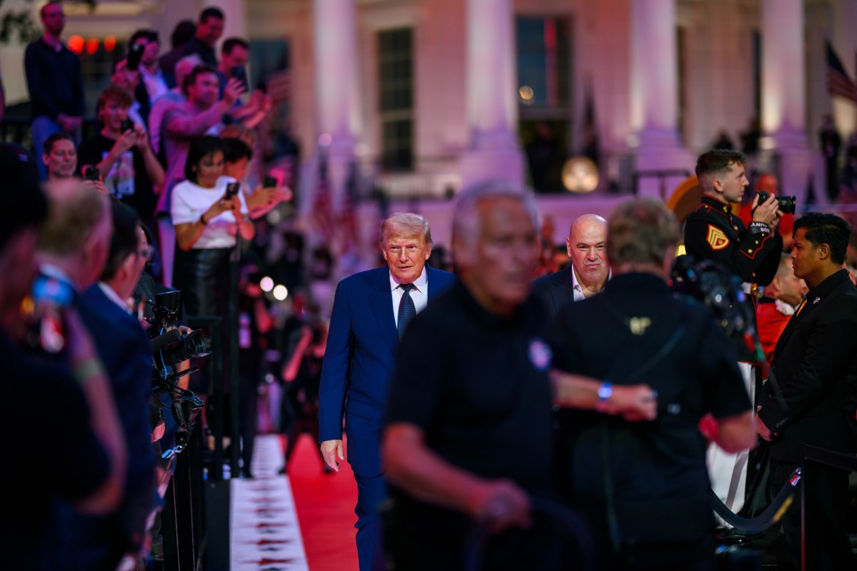 President Donald J. Trump and UFC CEO Dana White arrive at UFC Freedom 250, the mixed martial arts event produced by the Ultimate Fighting Championship, Sunday, June 14, 2026, on the South Lawn of the White House. (Official White House Photo by Daniel Torok)