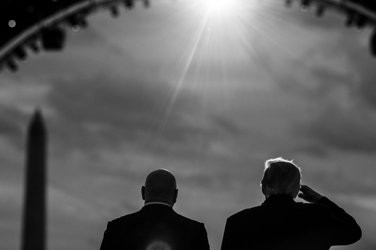 President Donald J. Trump and UFC CEO Dana White watch the U.S. Air Force Thunderbirds and the U.S. Navy Blue Angels perform a flyover at the White House during UFC Freedom 250, Sunday, June 14, 2026. (Official White House Photo by Joyce N. Boghosian)