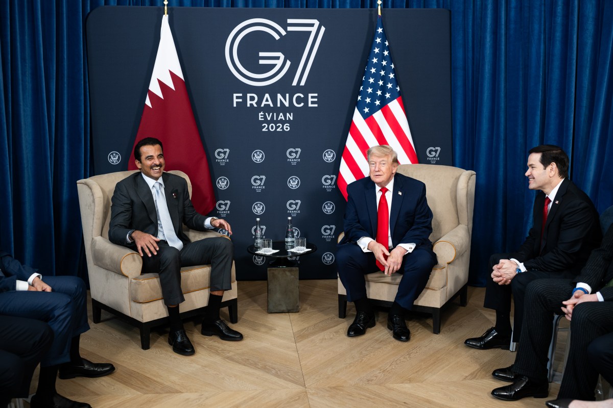 President Donald J. Trump meets with Sheikh Tamim bin Hamad Al Thank, Amir of Qatar, at the Hotel Royal Evian, Tuesday, June 16, 2026, on the margins of the G7 in Evian-les-Bains, France. (Official White House Photo by Daniel Torok)