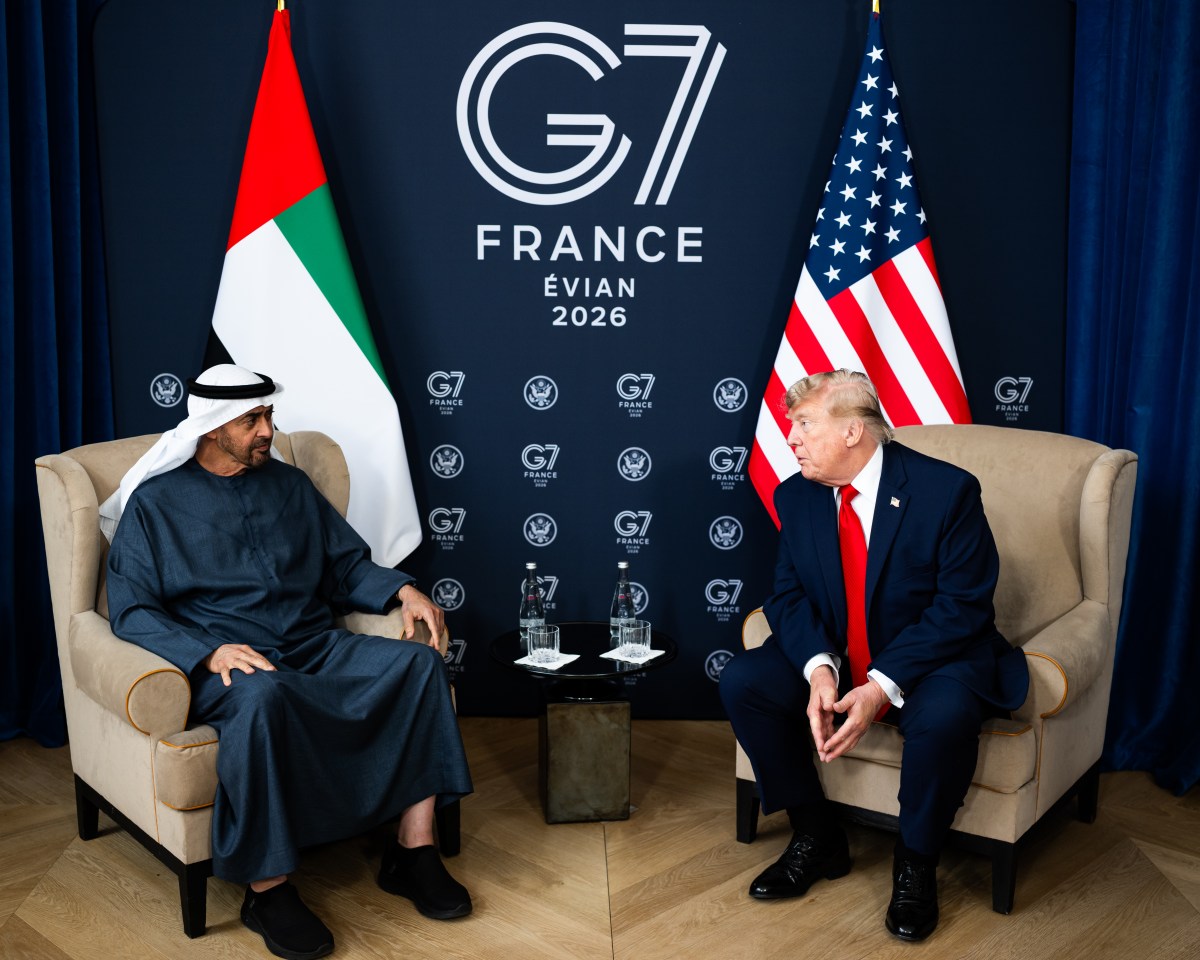 President Donald J. Trump meets with Sheikh Mohamed bin Zayed Al Nahyan, President of the United Arab Emirates, at the Hotel Royal Evian, Tuesday, June 16, 2026, on the margins of the G7 in Evian-les-Bains, France.(Official White House Photo by Daniel Torok)