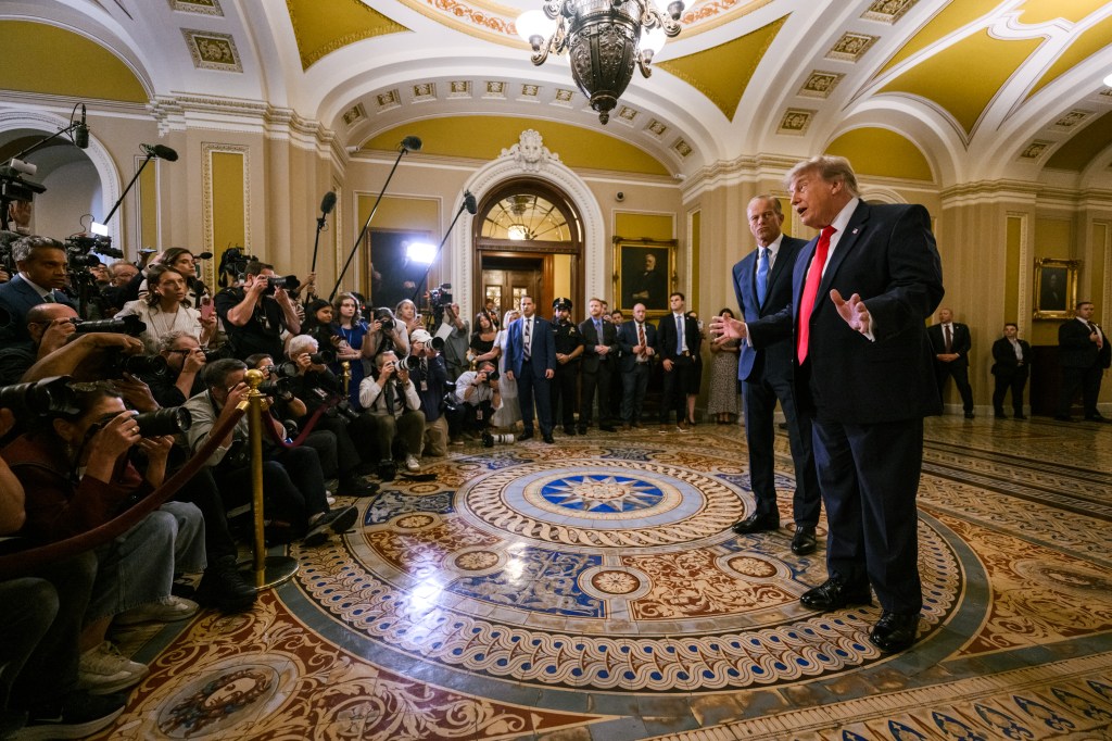 President Donald J. Trump speaks with members of the media alongside Senate Majority Leader John Thune (R-SD) at the U.S. Capitol in Washington, D.C. on Wednesday, June 24, 2026, before a Senate Steering Committee luncheon meeting with GOP leadership. (Official White House Photo by Joyce N. Boghosian)