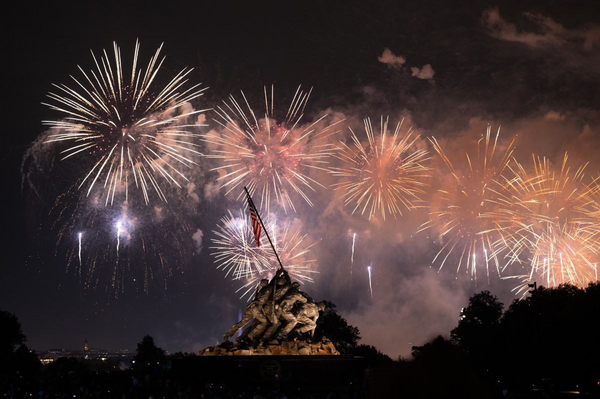 A fireworks display over the National Mall in Washington, D.C. with the United States Marine Corps War Memorial in foreground, celebrates America’s 250th anniversary, Saturday, July 4, 2026.(Official White House Photo by Molly Riley)