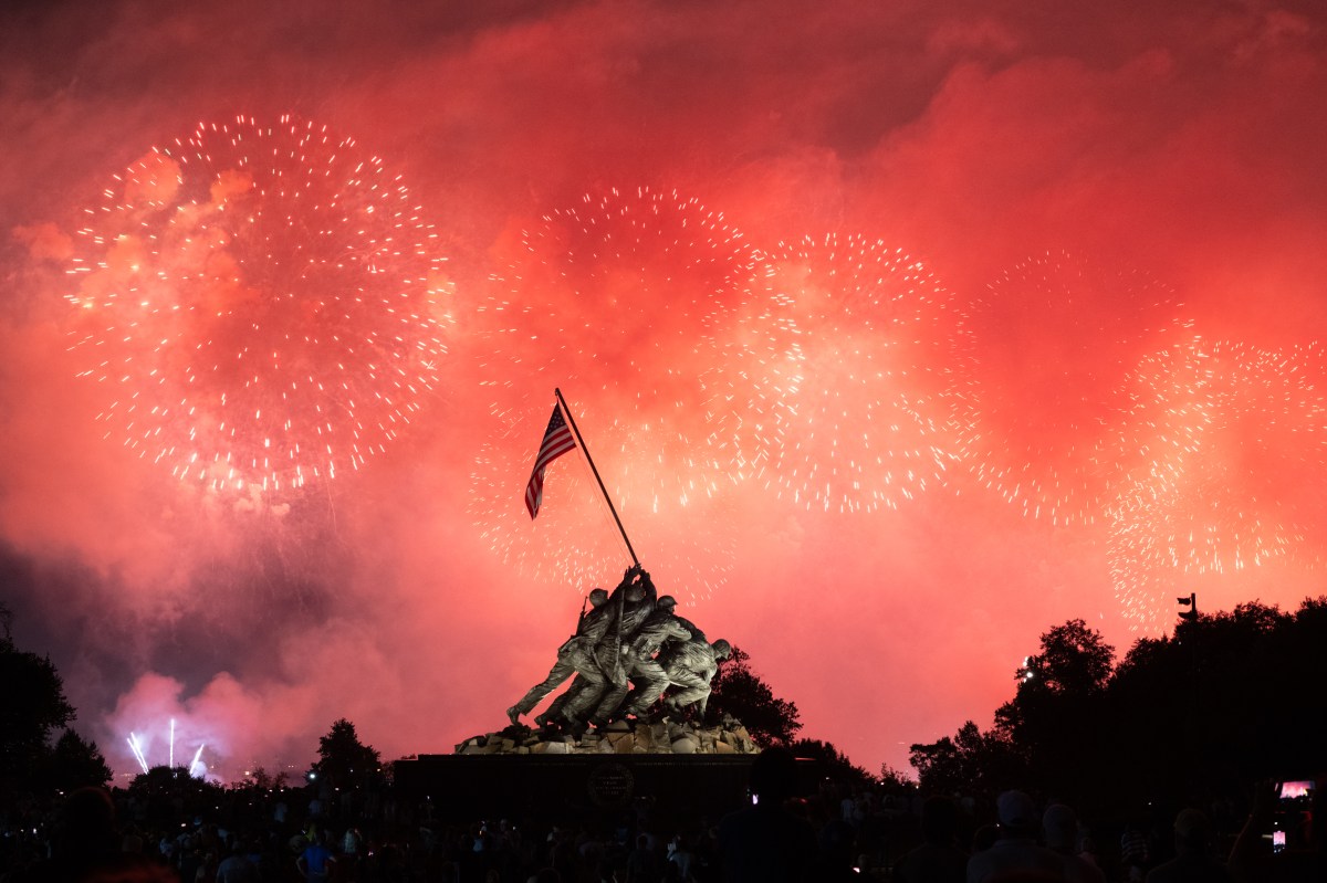 A fireworks display over the National Mall in Washington, D.C. with the United States Marine Corps War Memorial in foreground, celebrates America’s 250th anniversary, Saturday, July 4, 2026.(Official White House Photo by Molly Riley)