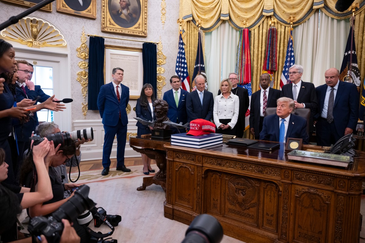 President Donald J. Trump speaks to the press  during a presentation of the Religious Liberty Commission Report in the Oval Office, Friday, June 26, 2026. (Official White House Photo by Joyce N. Boghosian)