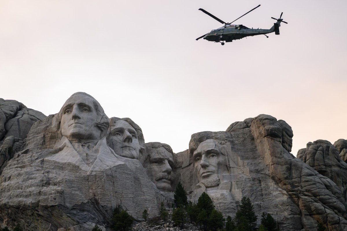 Marine One, with President Donald J. Trump on board, performs a flyover of Mount Rushmore National Memorial in Keystone, South Dakota, Friday, July 3, 2026. (Official White House Photo by Daniel Torok)