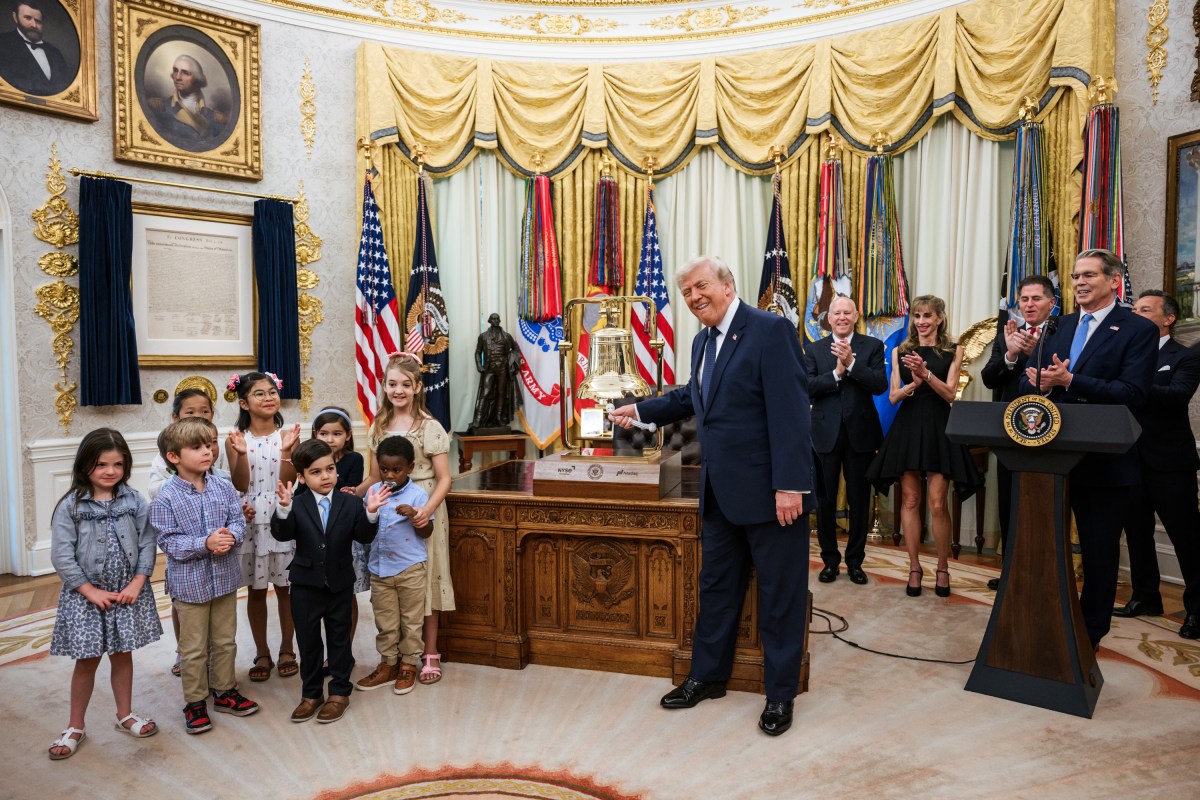President Donald J. Trump rings the opening bell for the New York Stock Exchange and the Nasdaq during an event to launch Trump Accounts, Monday, July 6, 2026, in the Oval Office. (Official White House Photo by Joyce N. Boghosian)