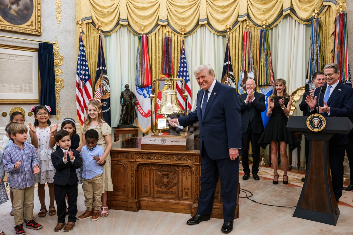 President Donald J. Trump rings the opening bell for the New York Stock Exchange and the Nasdaq during an event to launch Trump Accounts, Monday, July 6, 2026, in the Oval Office. (Official White House Photo by Joyce N. Boghosian)