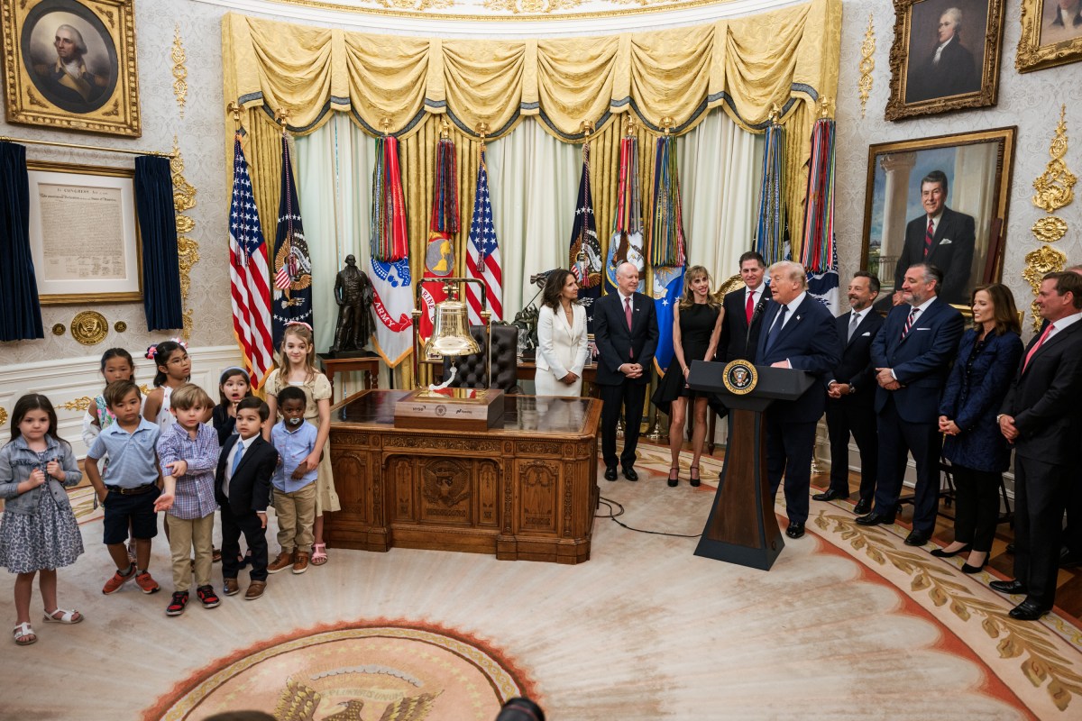 President Donald J. Trump delivers remarks after ringing the opening bell for the New York Stock Exchange and the Nasdaq during an event to launch Trump Accounts, Monday, July 6, 2026, in the Oval Office. (Official White House Photo by Joyce N. Boghosian)