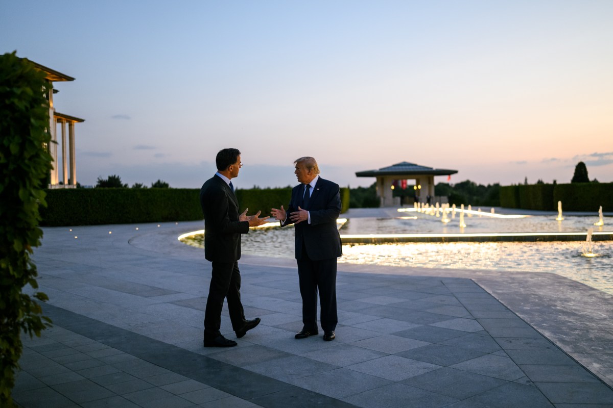 President Donald J. Trump speaks with NATO Secretary General Mark Rutte after participating in a family photo with NATO leaders at the Bestepe Presidential Compound in Ankara, Turkey, Tuesday, July 7, 2026. (Official White House Photo by Daniel Torok)