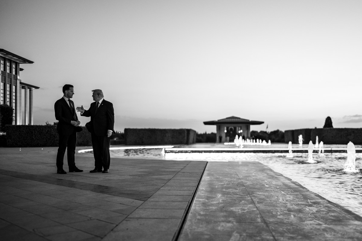 President Donald J. Trump speaks with NATO Secretary General Mark Rutte after participating in a family photo with NATO leaders at the Bestepe Presidential Compound in Ankara, Turkey, Tuesday, July 7, 2026. (Official White House Photo by Daniel Torok)