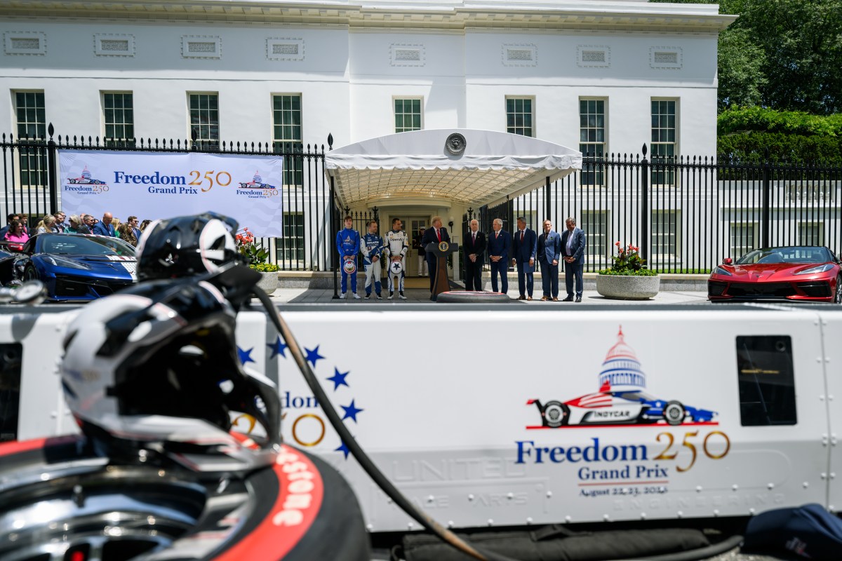 President Donald J. Trump meets with guests, including Penske Corporation Chairman Roger Penske, in the Oval Office before participating in a Freedom 250 Grand Prix Showcase on West Executive Avenue at the White House, Monday, July 13, 2026. (Official White House Photo by Daniel Torok)