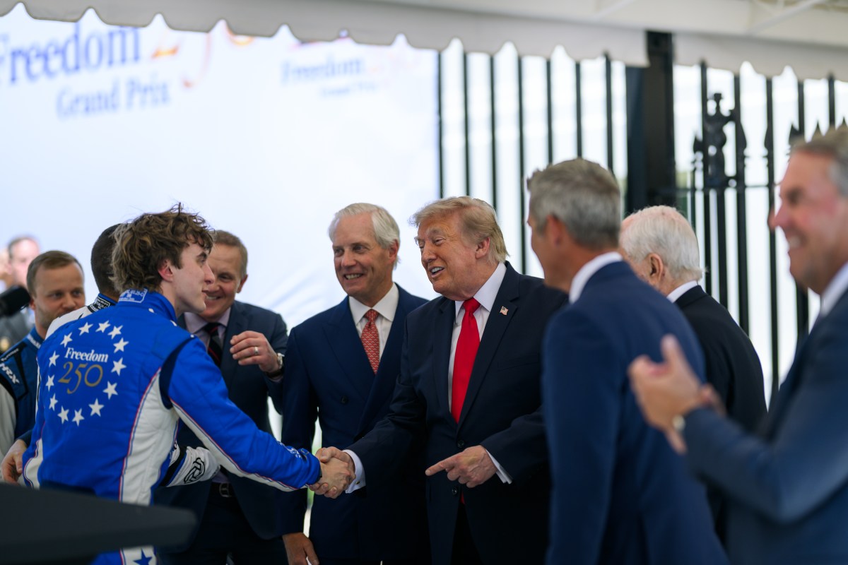President Donald J. Trump meets with guests, including Penske Corporation Chairman Roger Penske, in the Oval Office before participating in a Freedom 250 Grand Prix Showcase on West Executive Avenue at the White House, Monday, July 13, 2026. (Official White House Photo by Daniel Torok)