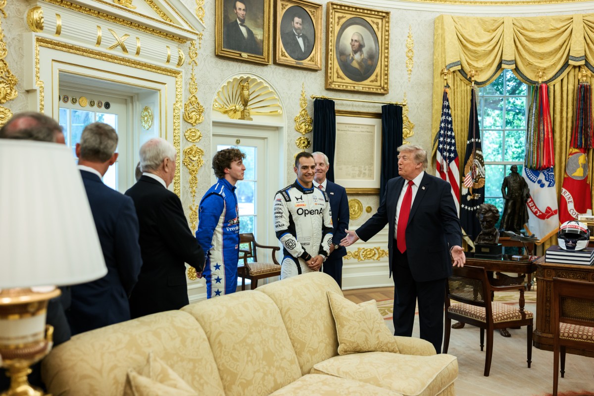 President Donald J. Trump meets with guests, including Penske Corporation Chairman Roger Penske, in the Oval Office before participating in a Freedom 250 Grand Prix Showcase on West Executive Avenue at the White House, Monday, July 13, 2026. (Official White House Photo by Daniel Torok)