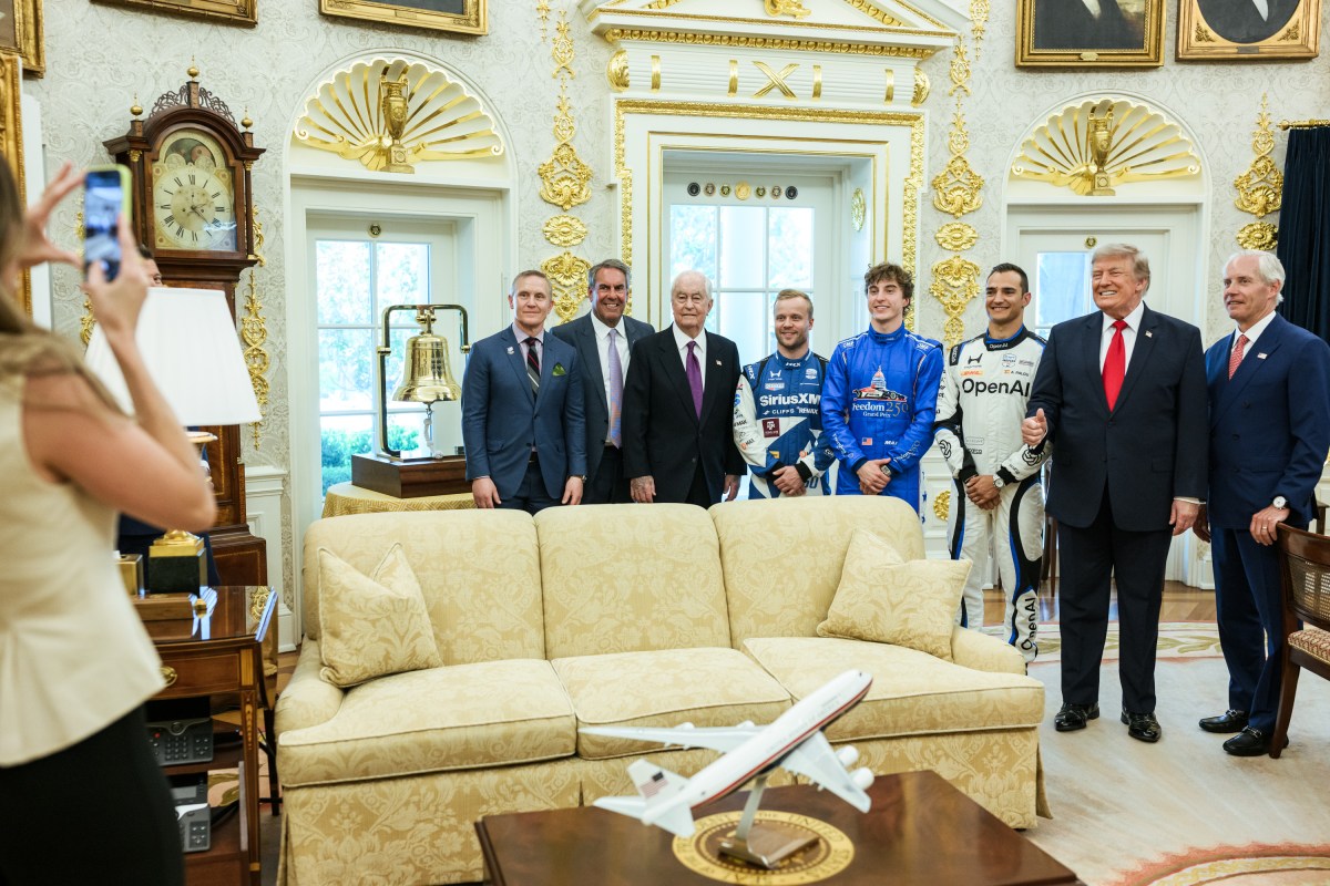 President Donald J. Trump meets with guests, including Penske Corporation Chairman Roger Penske, in the Oval Office before participating in a Freedom 250 Grand Prix Showcase on West Executive Avenue at the White House, Monday, July 13, 2026. (Official White House Photo by Daniel Torok)