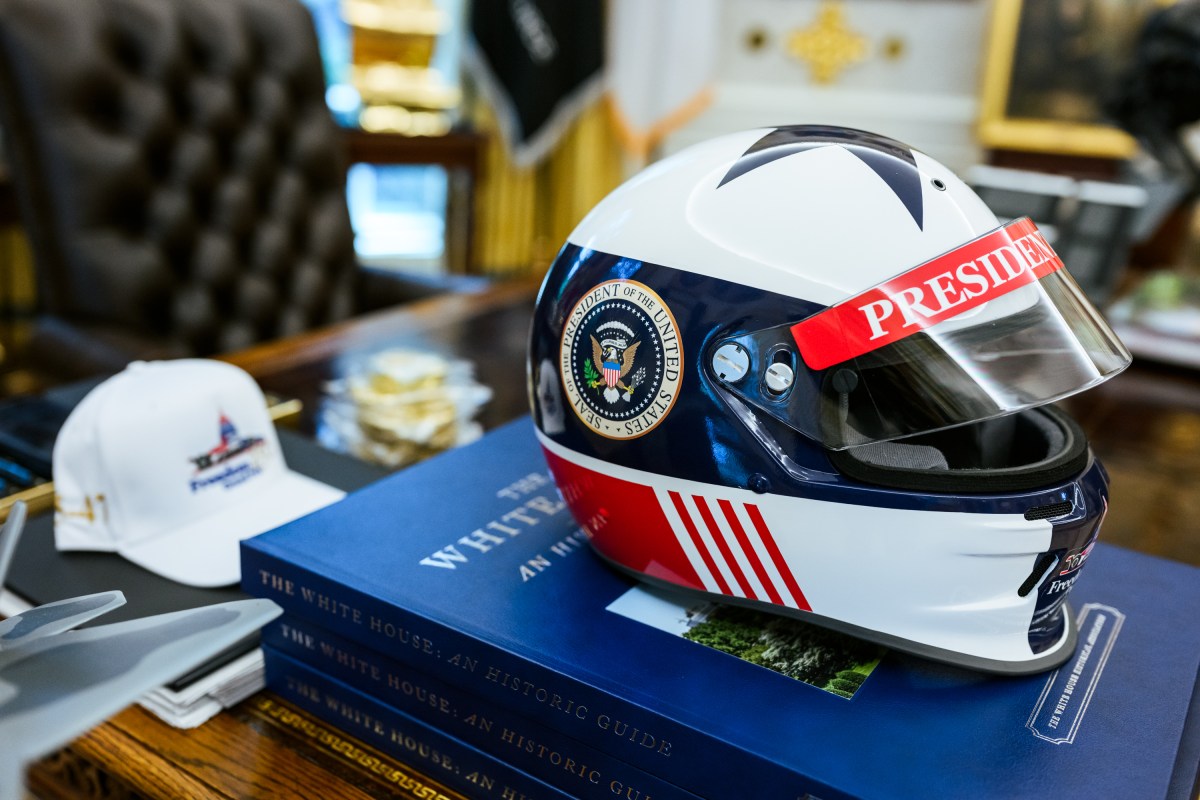 President Donald J. Trump meets with guests, including Penske Corporation Chairman Roger Penske, in the Oval Office before participating in a Freedom 250 Grand Prix Showcase on West Executive Avenue at the White House, Monday, July 13, 2026. (Official White House Photo by Daniel Torok)