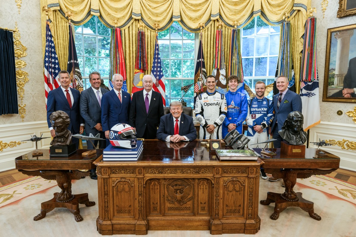President Donald J. Trump meets with guests, including Penske Corporation Chairman Roger Penske, in the Oval Office before participating in a Freedom 250 Grand Prix Showcase on West Executive Avenue at the White House, Monday, July 13, 2026. (Official White House Photo by Daniel Torok)