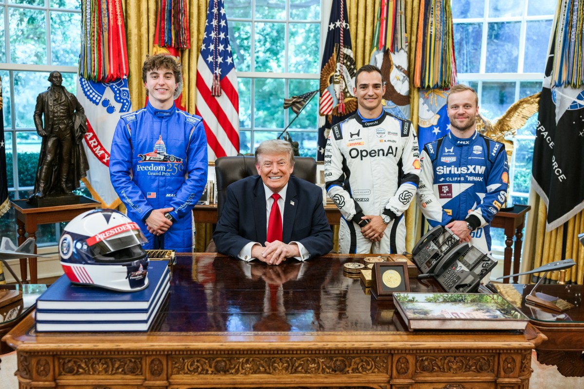 President Donald J. Trump meets with guests, including Penske Corporation Chairman Roger Penske, in the Oval Office before participating in a Freedom 250 Grand Prix Showcase on West Executive Avenue at the White House, Monday, July 13, 2026. (Official White House Photo by Daniel Torok)