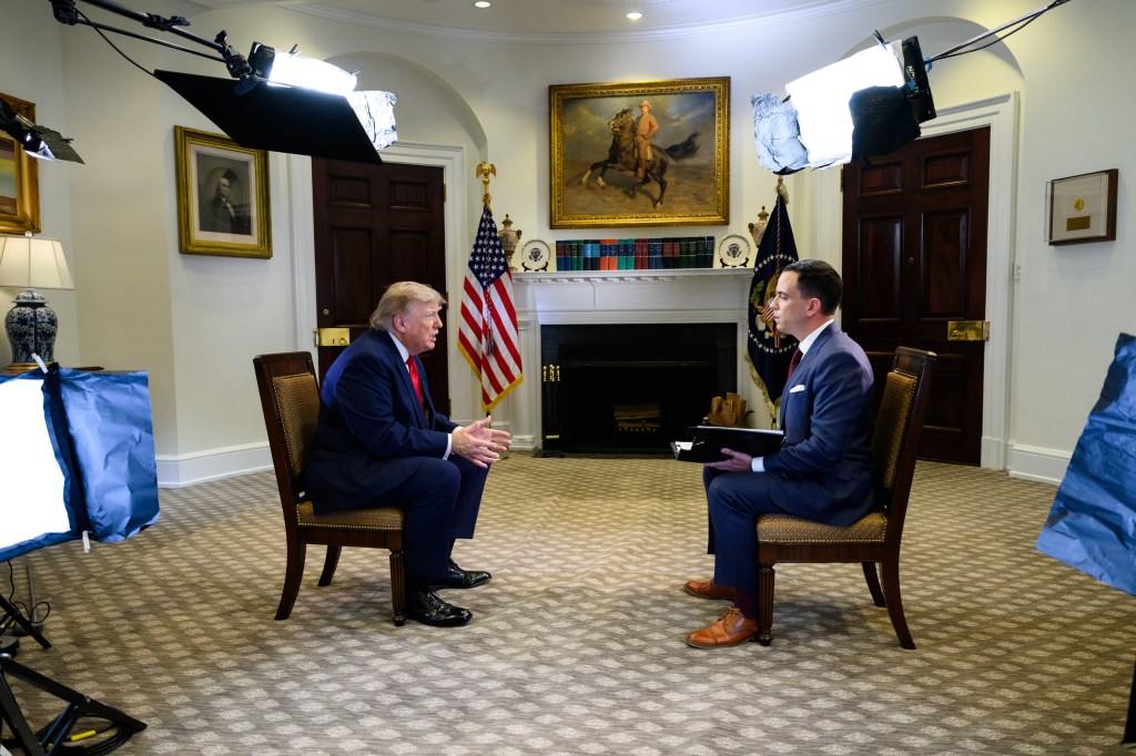 President Donald J. Trump participates in an interview with Trey Yingst, foreign correspondent for Fox New, in the Roosevelt Room of the White House, Tuesday, July 14, 2026. (Official White House Photo by Joyce Boghosian)