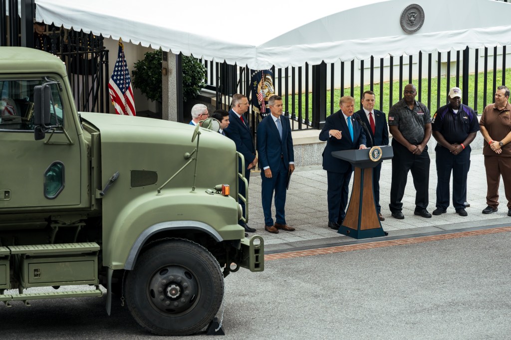 President Donald J. Trump announces a “Freedom Haulers” initiative to attract military veterans to trucking jobs, Thursday, July 30, 2026, at the White House. (Official White House Photo by Abe McNatt)
