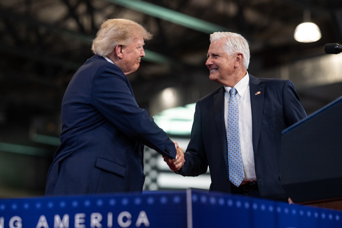 President Donald J. Trump greets Nassau County Executive Bruce Blakeman as he delivers remarks at the David S. Mack Center for Training and Intelligence in Garden City, New York, Friday, August 14, 2026. (Official White House Photo by Molly Riley)