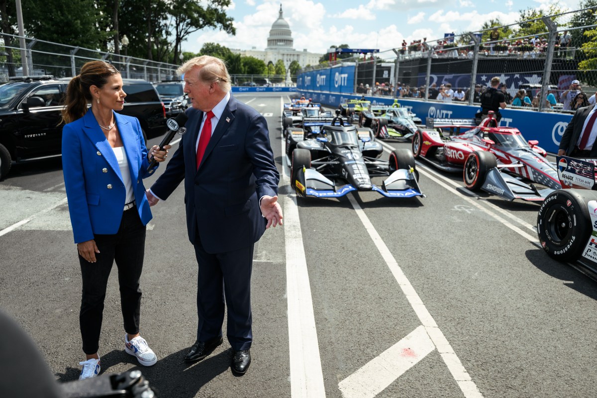 President Donald J. Trump participates in an interview with Fox Sports Commentator Jamie Little before the Freedom 250 Grand Prix Race in Washington, D.C., Sunday, August 23, 2026. (Official White House Photo by Daniel Torok)