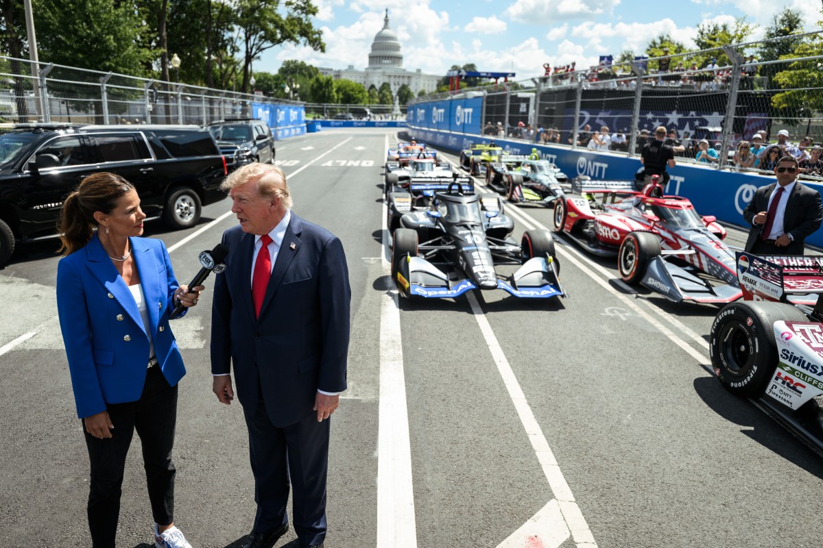 President Donald J. Trump participates in an interview with Fox Sports Commentator Jamie Little before the Freedom 250 Grand Prix Race in Washington, D.C., Sunday, August 23, 2026. (Official White House Photo by Daniel Torok)